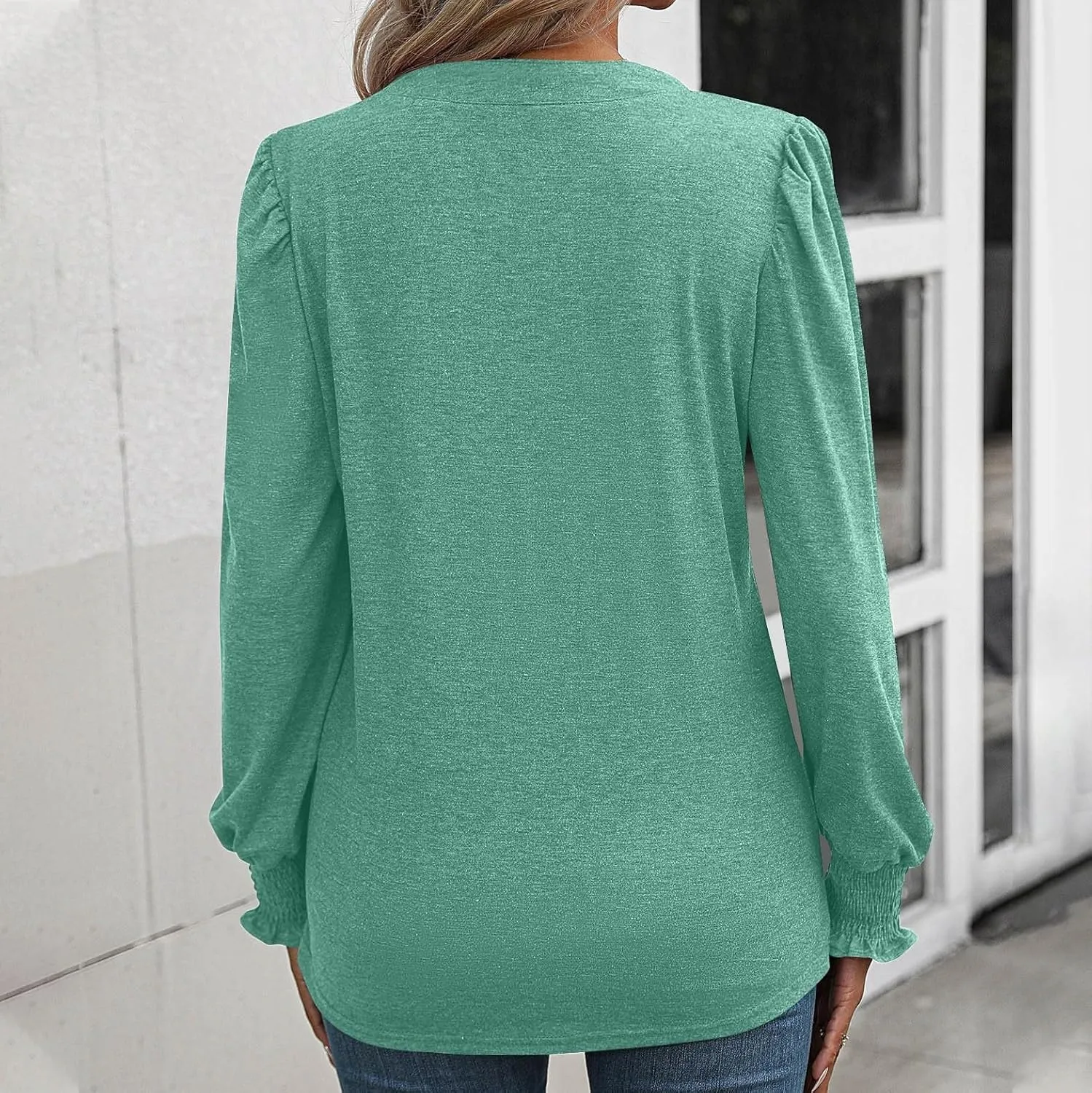 Casual Tunic Tops Women's Loose V Neck Ruffle Long Lantern Sleeve Blouse Solid Color Front Pleated Tee Shirt Fall