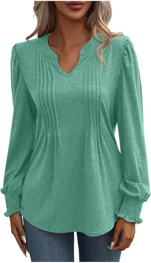 Casual Tunic Tops Women's Loose V Neck Ruffle Long Lantern Sleeve Blouse Solid Color Front Pleated Tee Shirt Fall