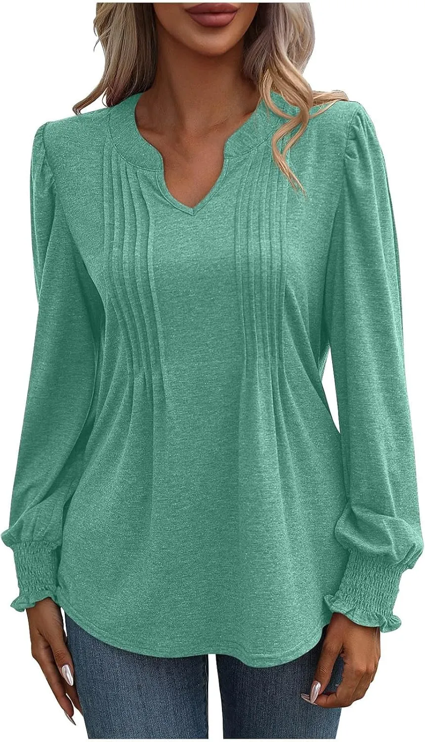 Casual Tunic Tops Women's Loose V Neck Ruffle Long Lantern Sleeve Blouse Solid Color Front Pleated Tee Shirt Fall