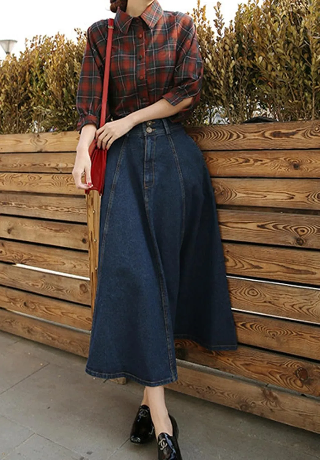 CHARTOU Vintage Long Jean Skirt for Women Denim A Line Skirt Ruffle High Waist Flared Pleated Jean Skirt