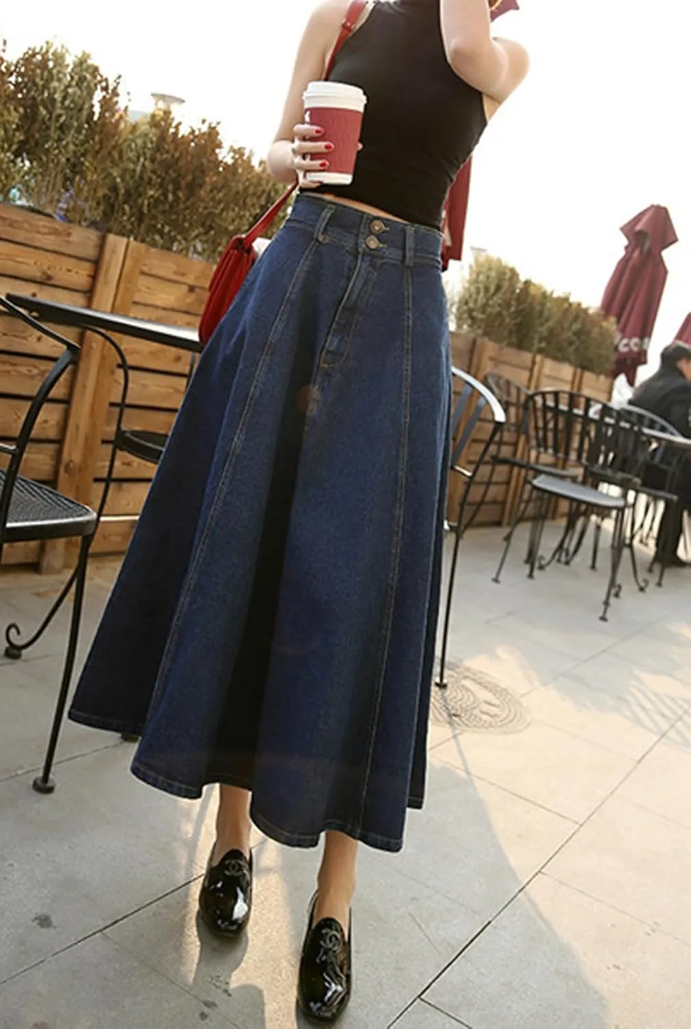 CHARTOU Vintage Long Jean Skirt for Women Denim A Line Skirt Ruffle High Waist Flared Pleated Jean Skirt