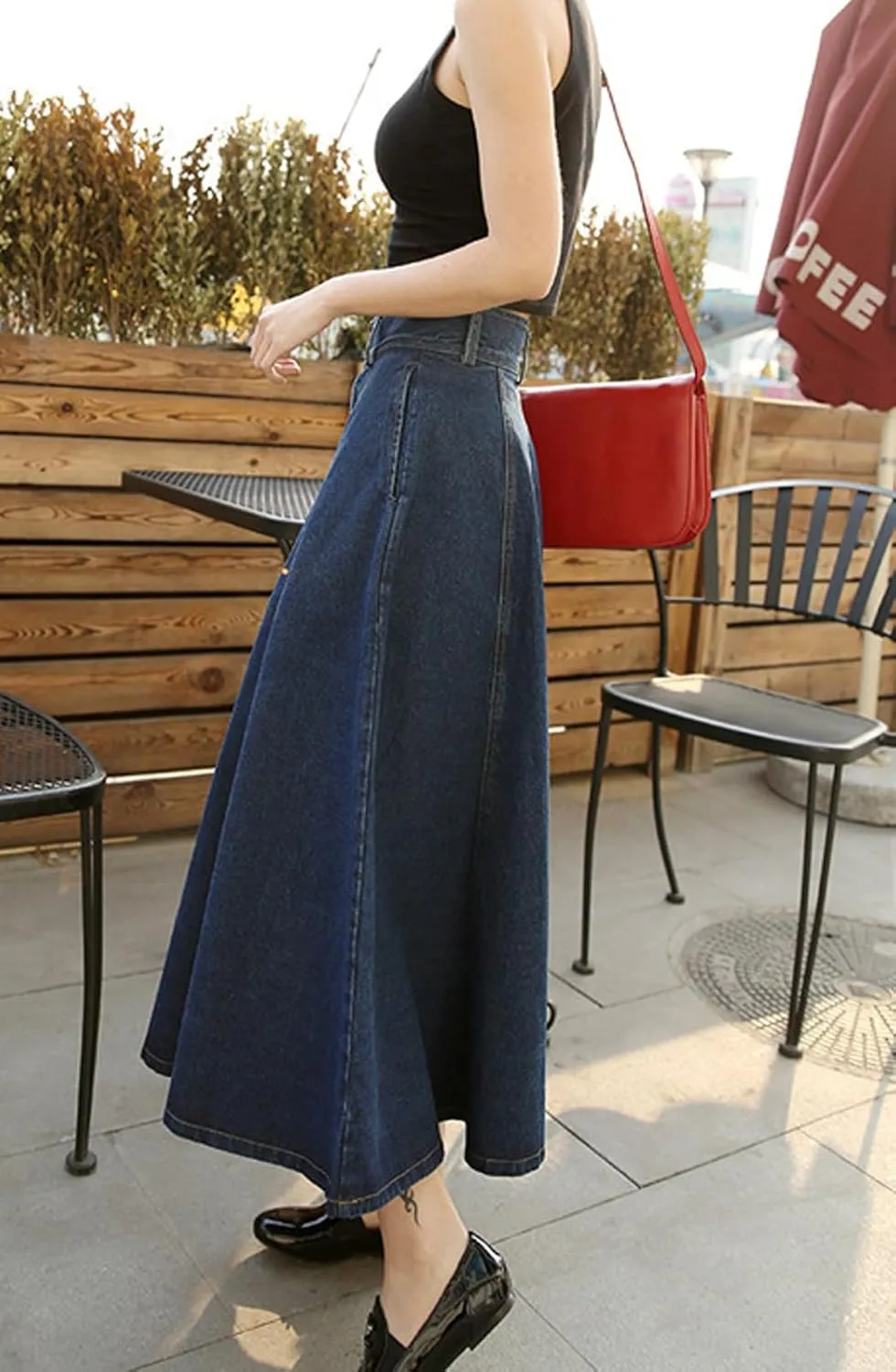 CHARTOU Vintage Long Jean Skirt for Women Denim A Line Skirt Ruffle High Waist Flared Pleated Jean Skirt