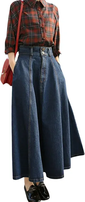CHARTOU Vintage Long Jean Skirt for Women Denim A Line Skirt Ruffle High Waist Flared Pleated Jean Skirt