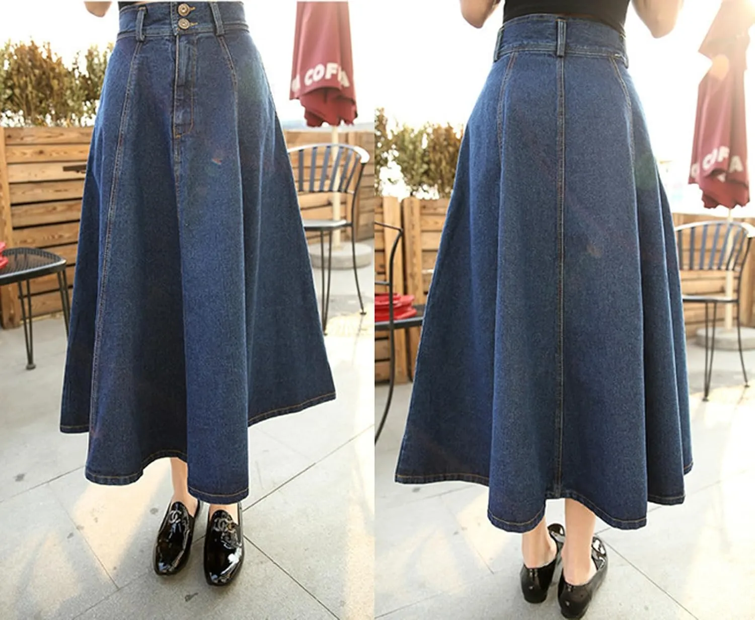 CHARTOU Vintage Long Jean Skirt for Women Denim A Line Skirt Ruffle High Waist Flared Pleated Jean Skirt