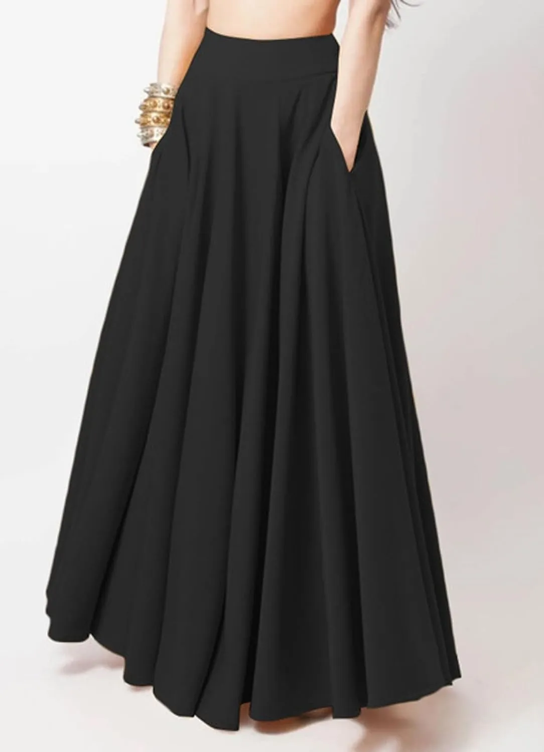 CHARTOU Women High Waisted Maxi Skirt Ruffle Pleated Long Flowy Skirt Boho Swing A Line Skirt with Pockets