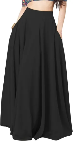 CHARTOU Women High Waisted Maxi Skirt Ruffle Pleated Long Flowy Skirt Boho Swing A Line Skirt with Pockets