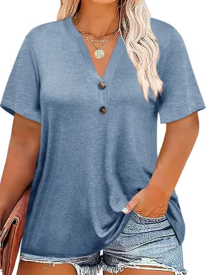 Chulianyouhuo Plus Size Tops for Women Summer V Neck Short Sleeve Tee Shirts Henley Button Casual Loose Fit Blouse