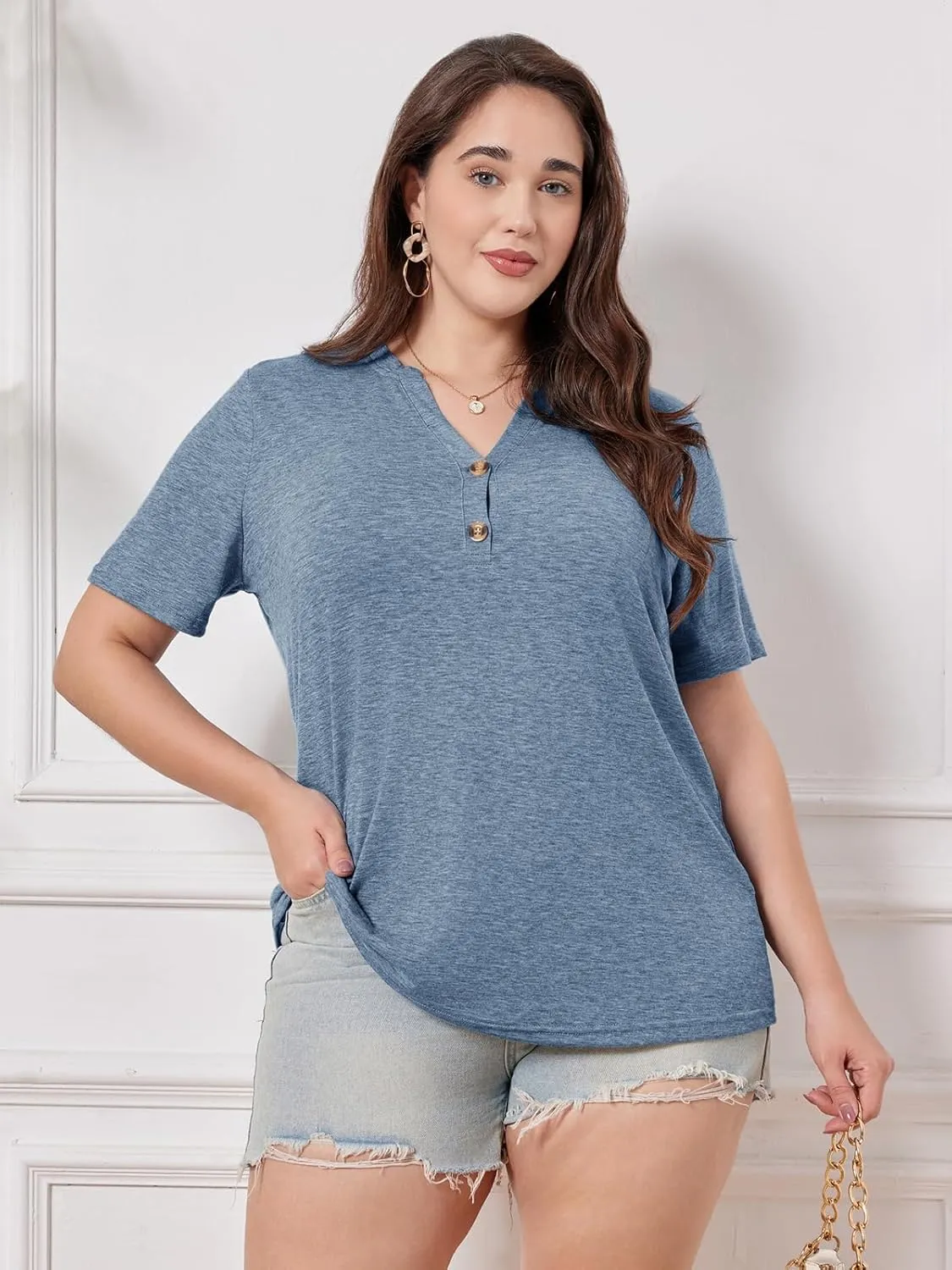 Chulianyouhuo Plus Size Tops for Women Summer V Neck Short Sleeve Tee Shirts Henley Button Casual Loose Fit Blouse