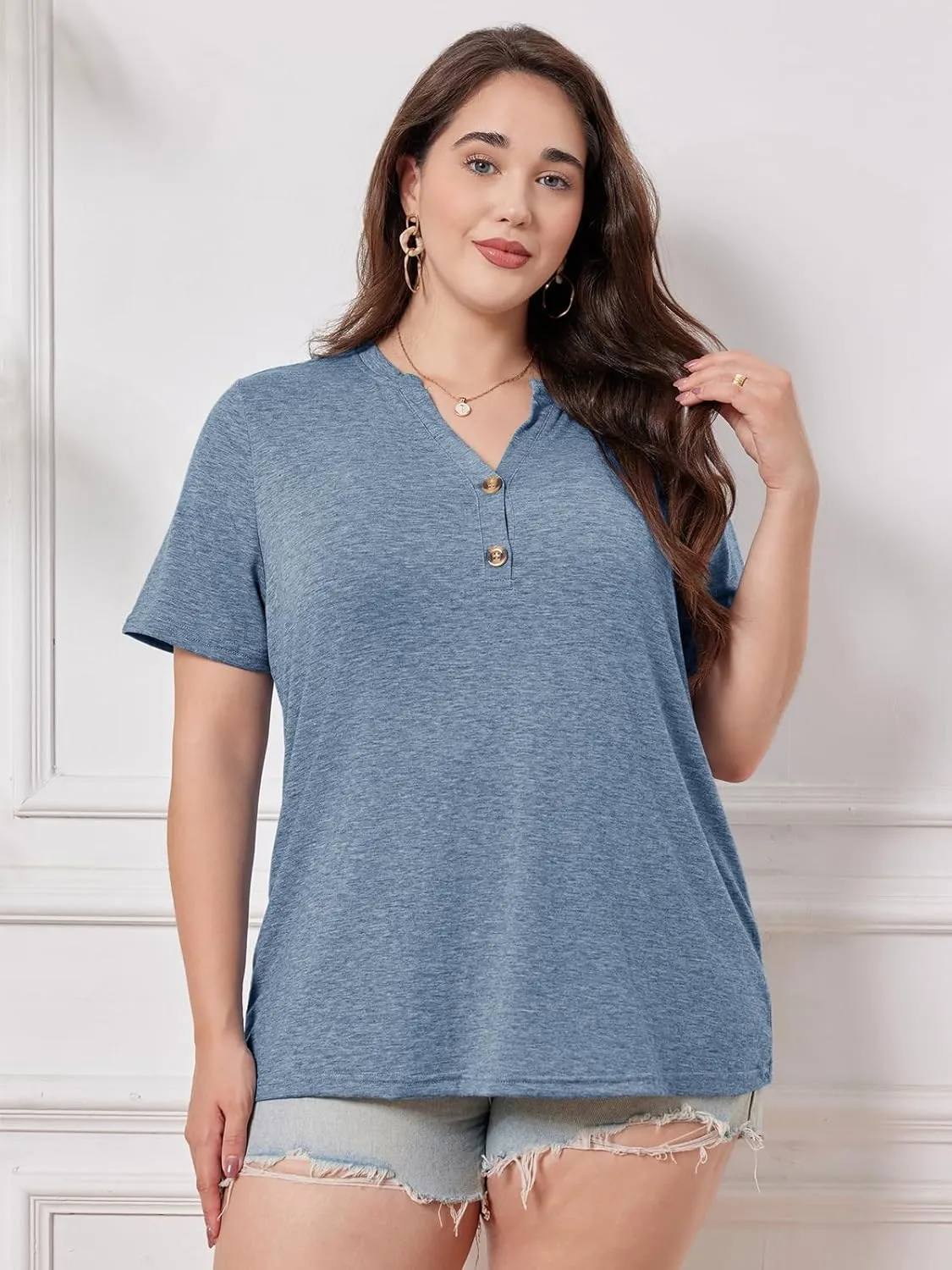 Chulianyouhuo Plus Size Tops for Women Summer V Neck Short Sleeve Tee Shirts Henley Button Casual Loose Fit Blouse