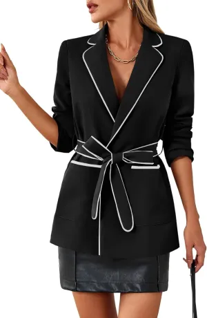 Cicy Bell Womens Belted Casual Blazer Long Sleeve Open Front Contrast Binding Suit Jackets Dressy Blouse Tops