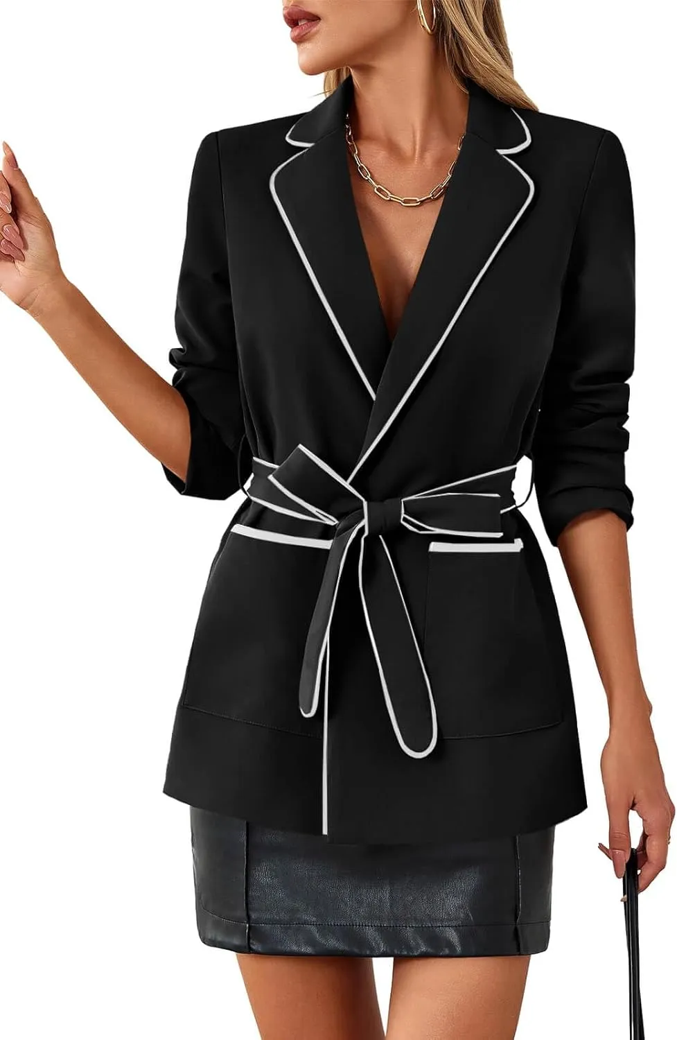 Cicy Bell Womens Belted Casual Blazer Long Sleeve Open Front Contrast Binding Suit Jackets Dressy Blouse Tops