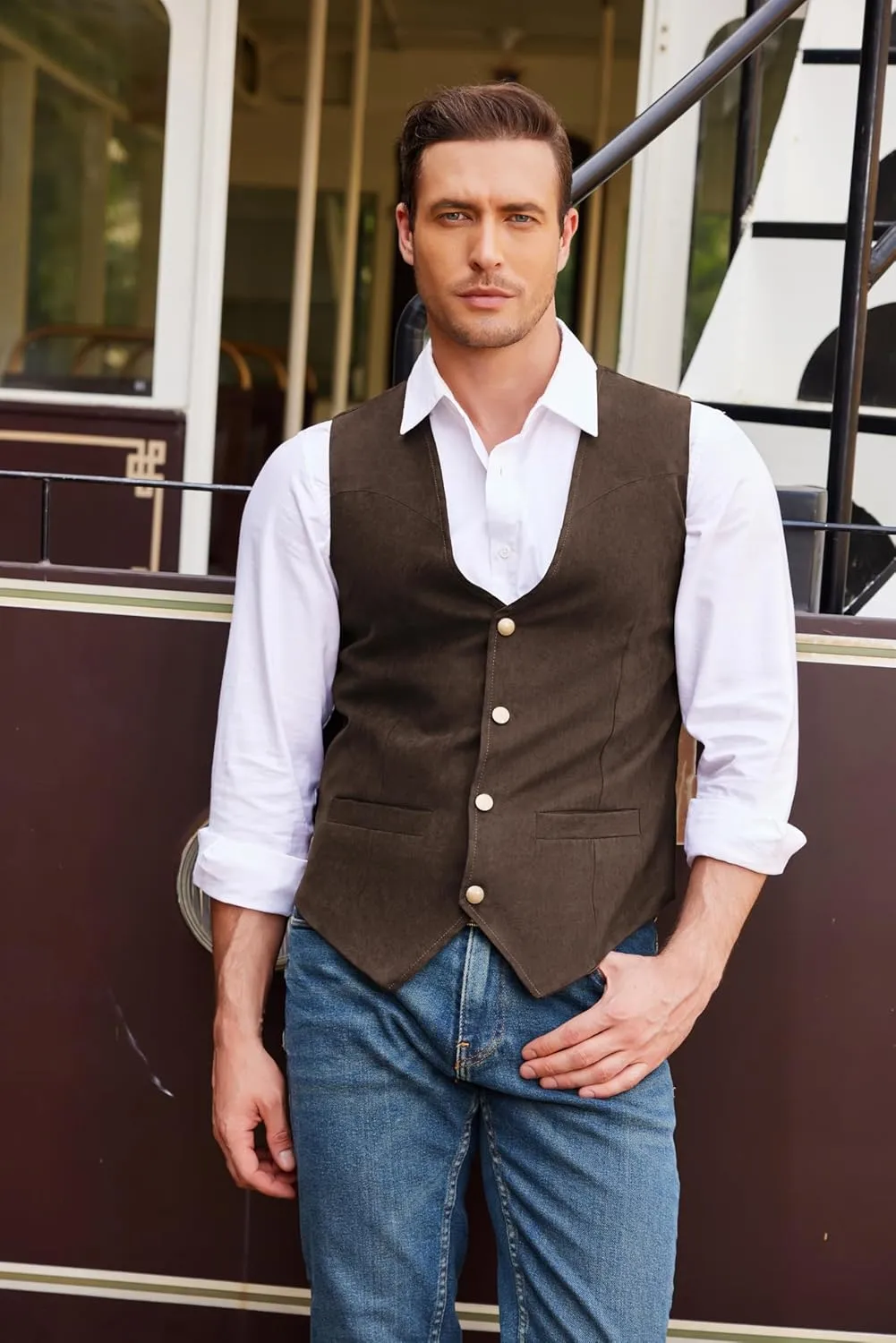 COOFANDY Men's Suede Leather Suit Vest Casual Western Vest Jacket Slim Fit Vest Waistcoat