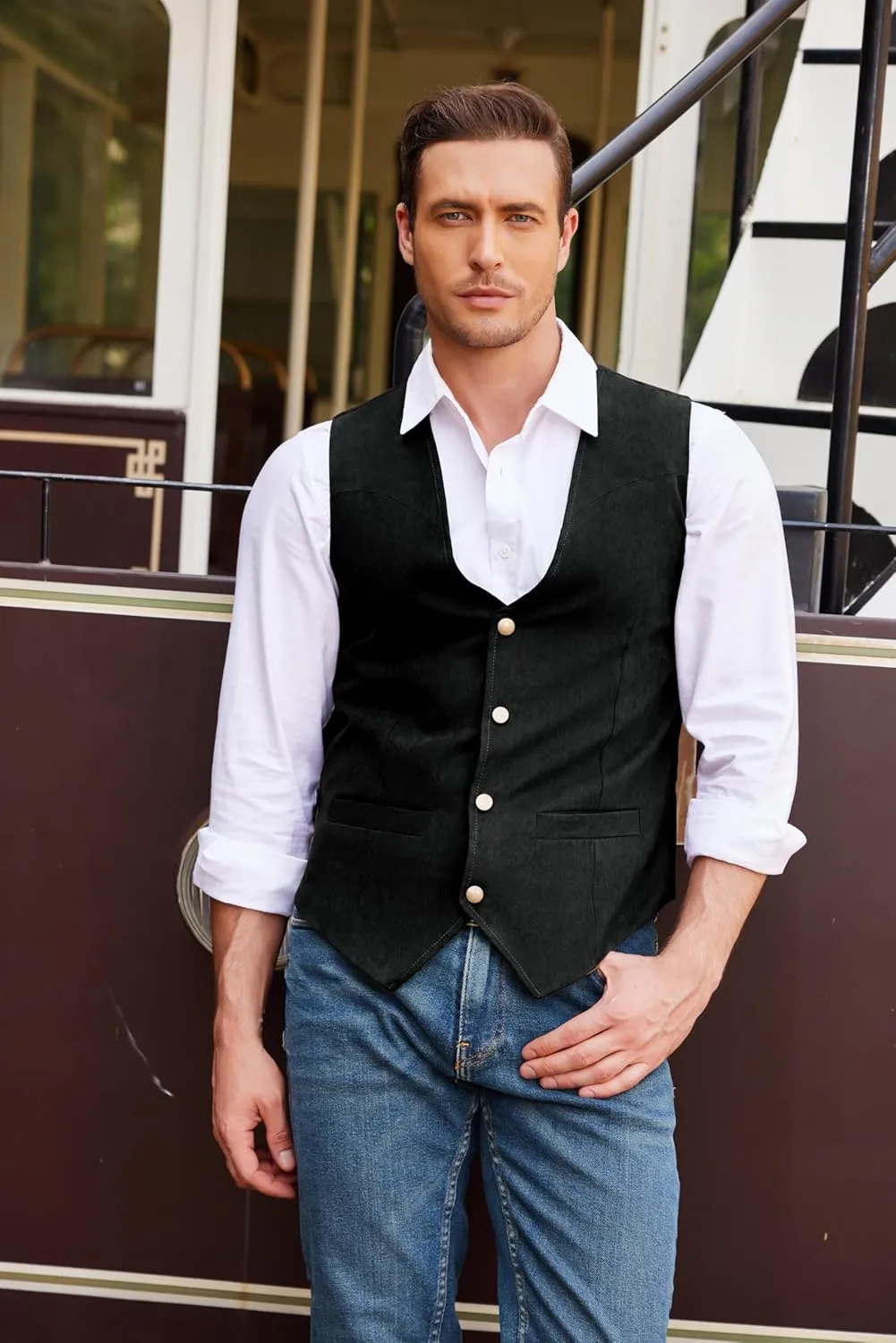 COOFANDY Men's Suede Leather Suit Vest Casual Western Vest Jacket Slim Fit Vest Waistcoat