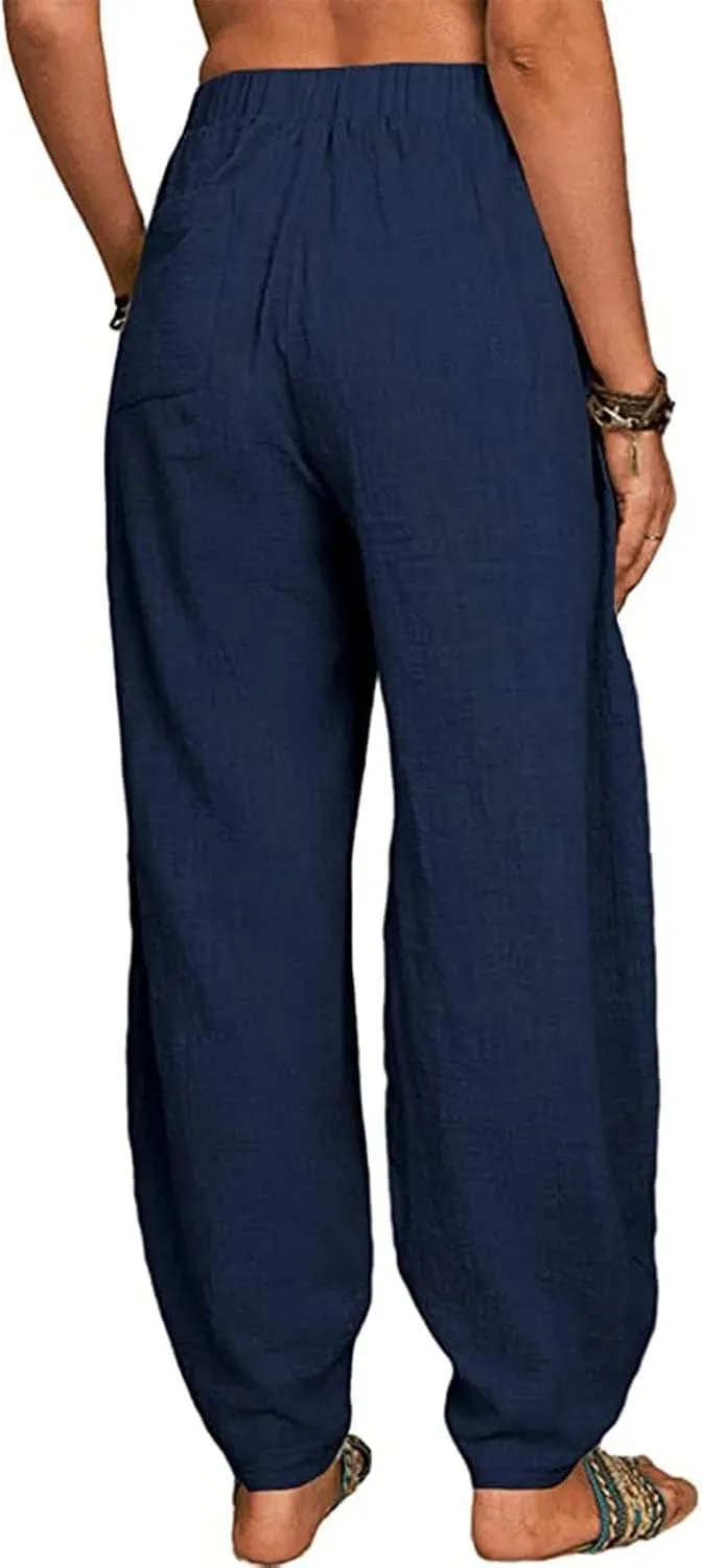 Cotton and Linen Baggy Pants for Women Dressy Casual Summer Casual Loose Comfy Solid Long Pant Trousers with Pockets