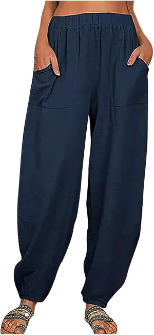 Cotton and Linen Baggy Pants for Women Dressy Casual Summer Casual Loose Comfy Solid Long Pant Trousers with Pockets