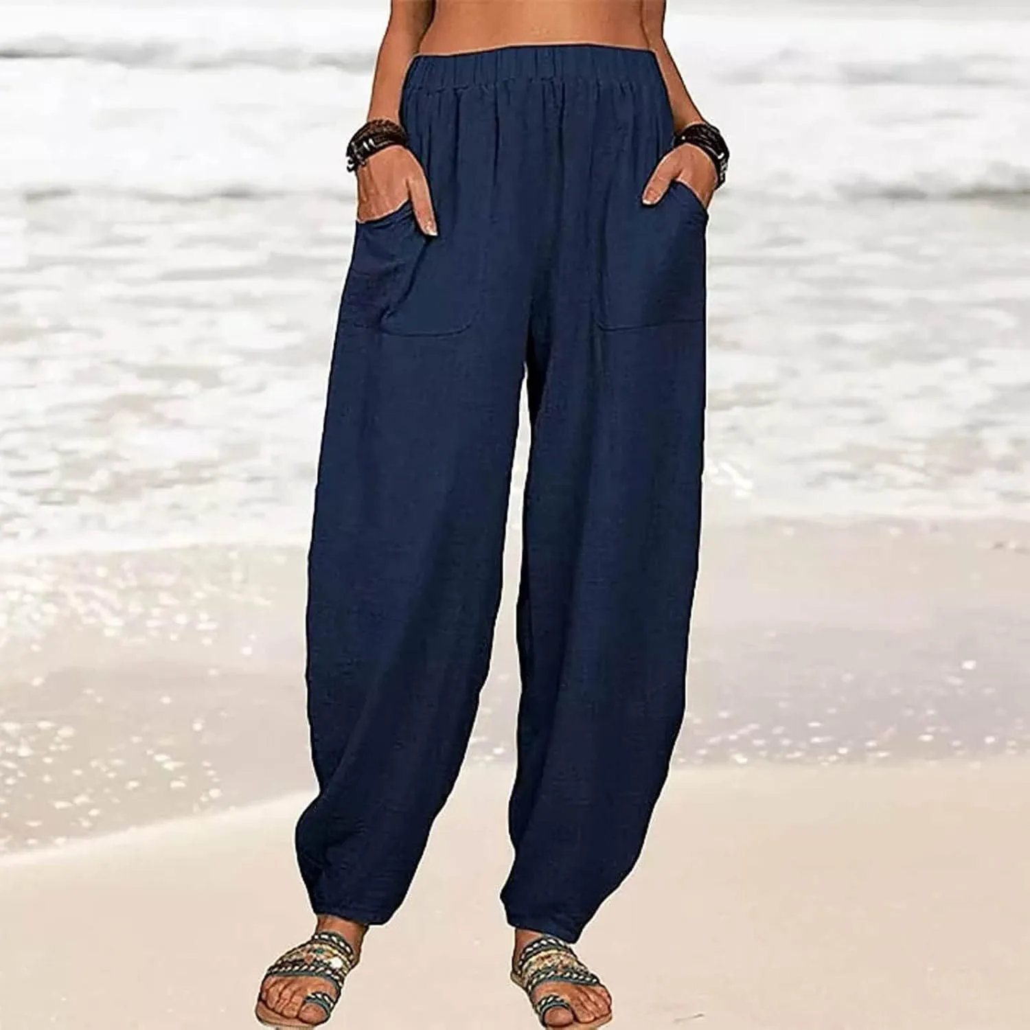 Cotton and Linen Baggy Pants for Women Dressy Casual Summer Casual Loose Comfy Solid Long Pant Trousers with Pockets