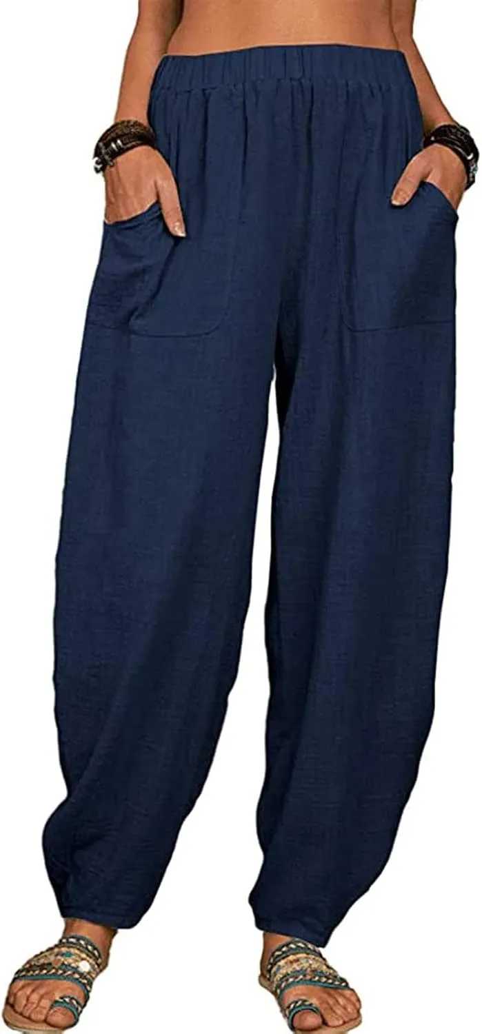 Cotton and Linen Baggy Pants for Women Dressy Casual Summer Casual Loose Comfy Solid Long Pant Trousers with Pockets