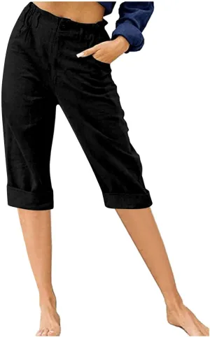 Cotton Linen Capri Pants for Women Casual Summer Straight Leg Trouser Buttons High Waist Cropped Pant with Pocket