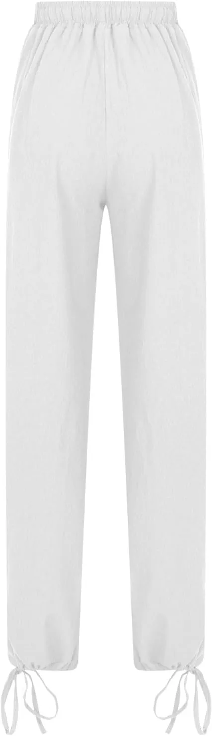 Cotton Linen Palazzo Pants for Women Dressy Casual Wide Leg Trousers Casual Elastic High Waisted Slacks with Pockets