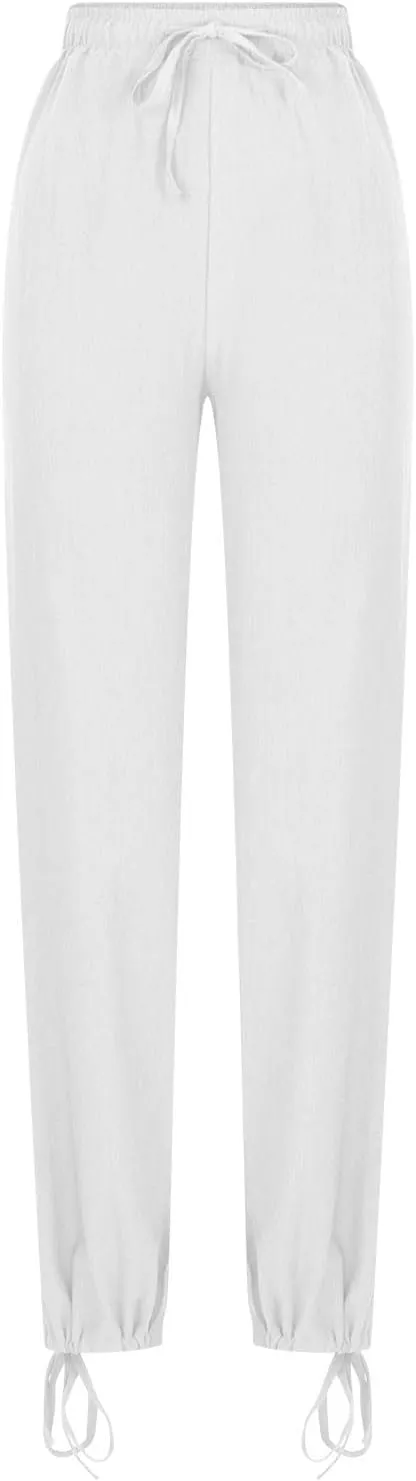 Cotton Linen Palazzo Pants for Women Dressy Casual Wide Leg Trousers Casual Elastic High Waisted Slacks with Pockets