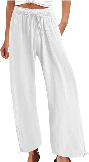 Cotton Linen Palazzo Pants for Women Dressy Casual Wide Leg Trousers Casual Elastic High Waisted Slacks with Pockets