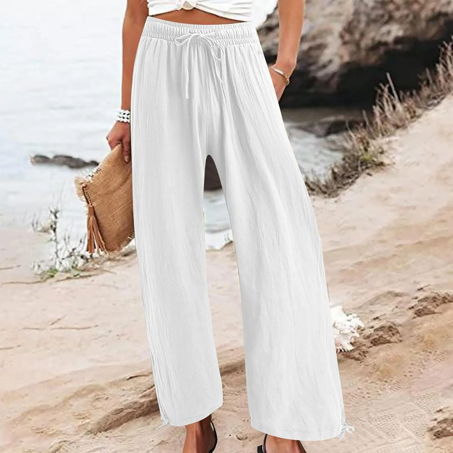 Cotton Linen Palazzo Pants for Women Dressy Casual Wide Leg Trousers Casual Elastic High Waisted Slacks with Pockets