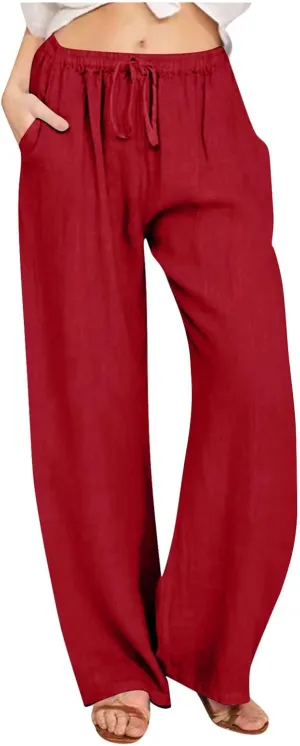 Cotton Linen Pants for Women 2024 Summer Comfy Loose Drawstring High Waist Pants Lightweight Vacation Beach Trousers