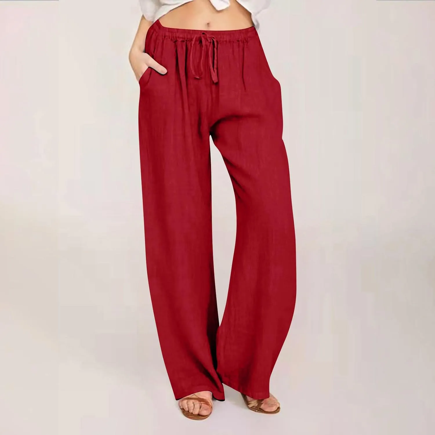 Cotton Linen Pants for Women 2024 Summer Comfy Loose Drawstring High Waist Pants Lightweight Vacation Beach Trousers