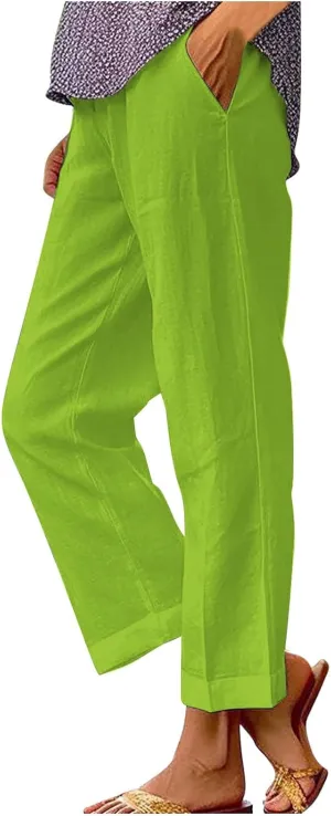 Cotton Linen Pants for Women Summer Elastic Waist Crop Pants Plus Size Straight Leg Slack Casual Trousers with Pocket
