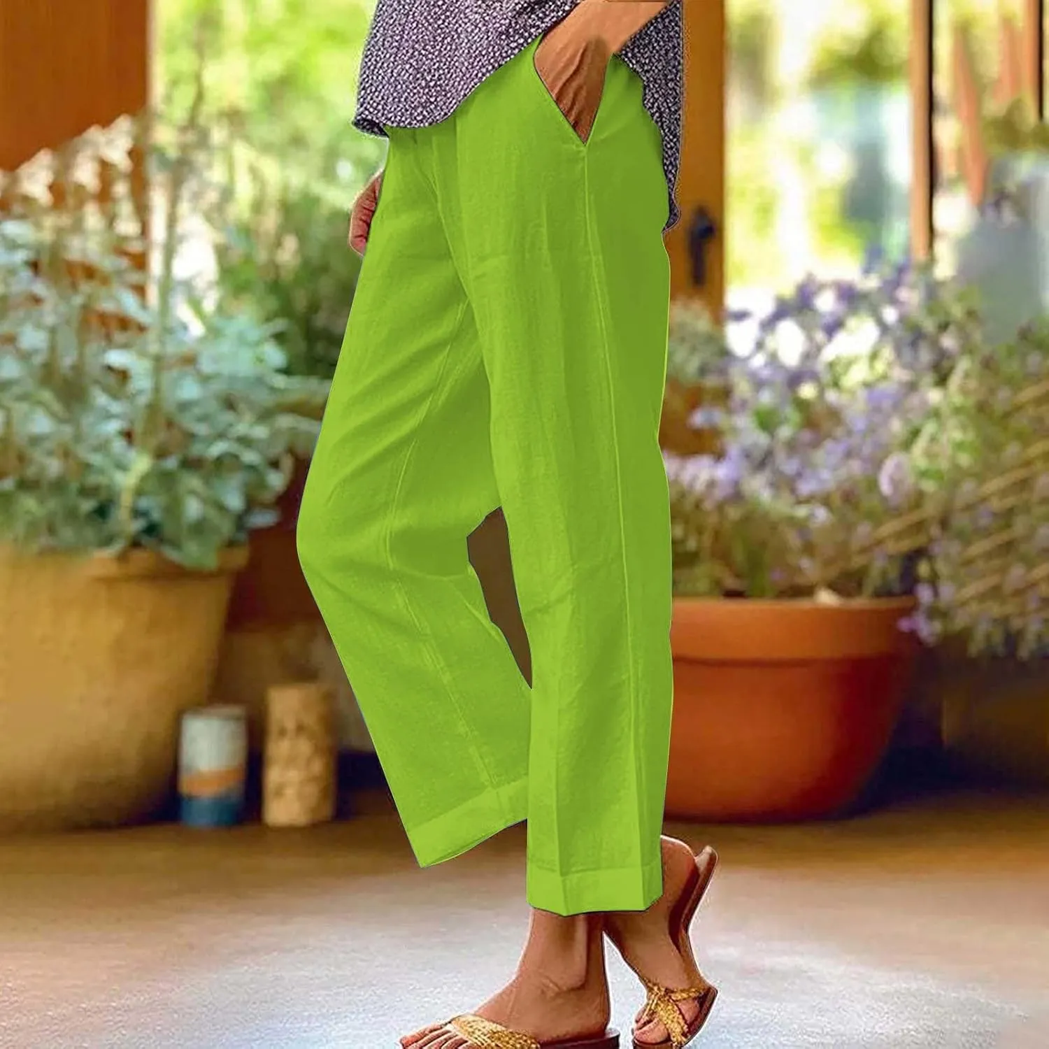 Cotton Linen Pants for Women Summer Elastic Waist Crop Pants Plus Size Straight Leg Slack Casual Trousers with Pocket