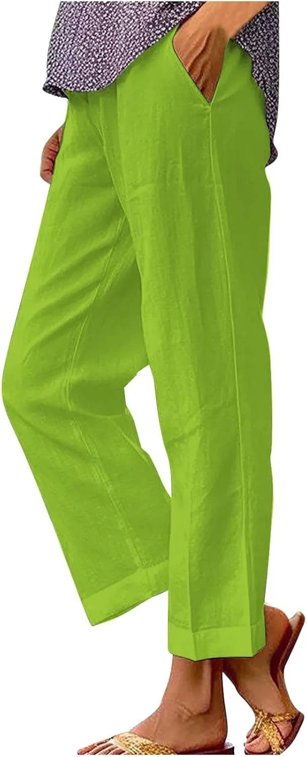 Cotton Linen Pants for Women Summer Elastic Waist Crop Pants Plus Size Straight Leg Slack Casual Trousers with Pocket