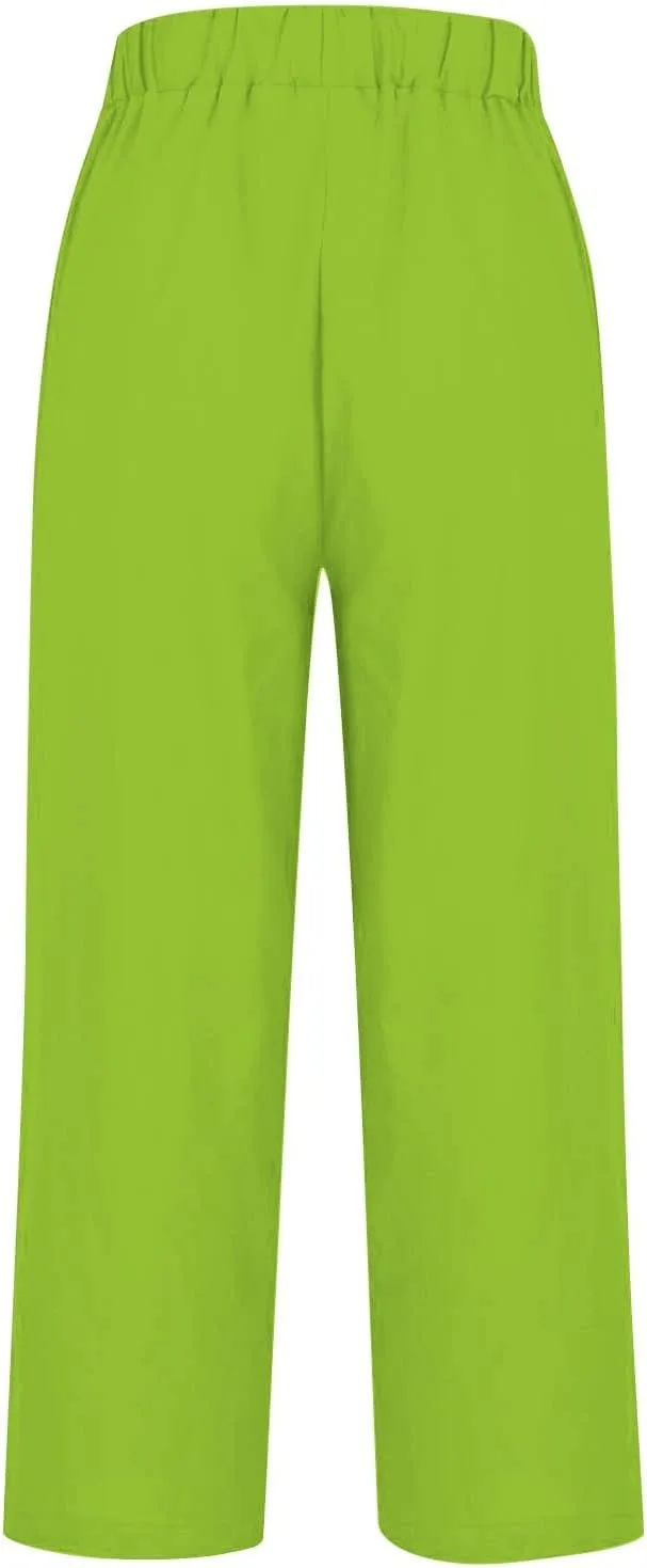 Cotton Linen Pants for Women Summer Elastic Waist Crop Pants Plus Size Straight Leg Slack Casual Trousers with Pocket
