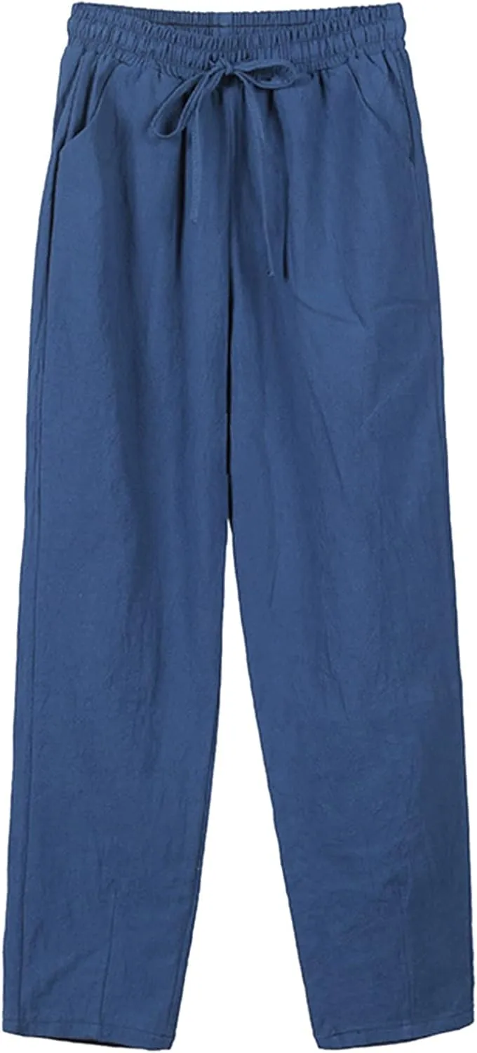 Cotton Linen Pants Women Casual High Waist Drawstring Baggy Trousers Straight Wide Leg Yoga Pants with Pockets