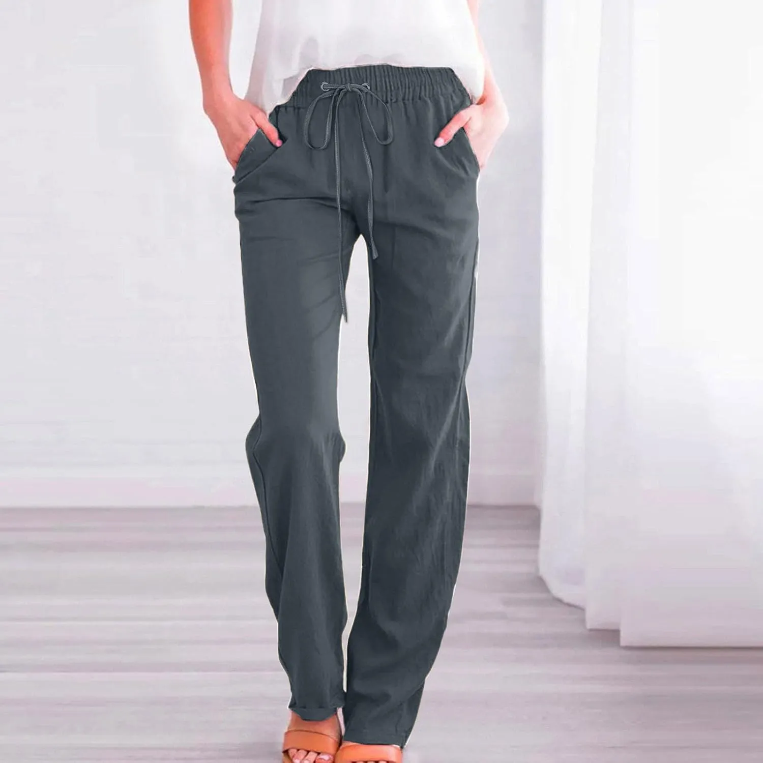 Cotton Linen Pants Women Casual Summer Loose Fit Solid Color Straight Leg Beach High Waist Linen Pants Comfy Lounge Trousers