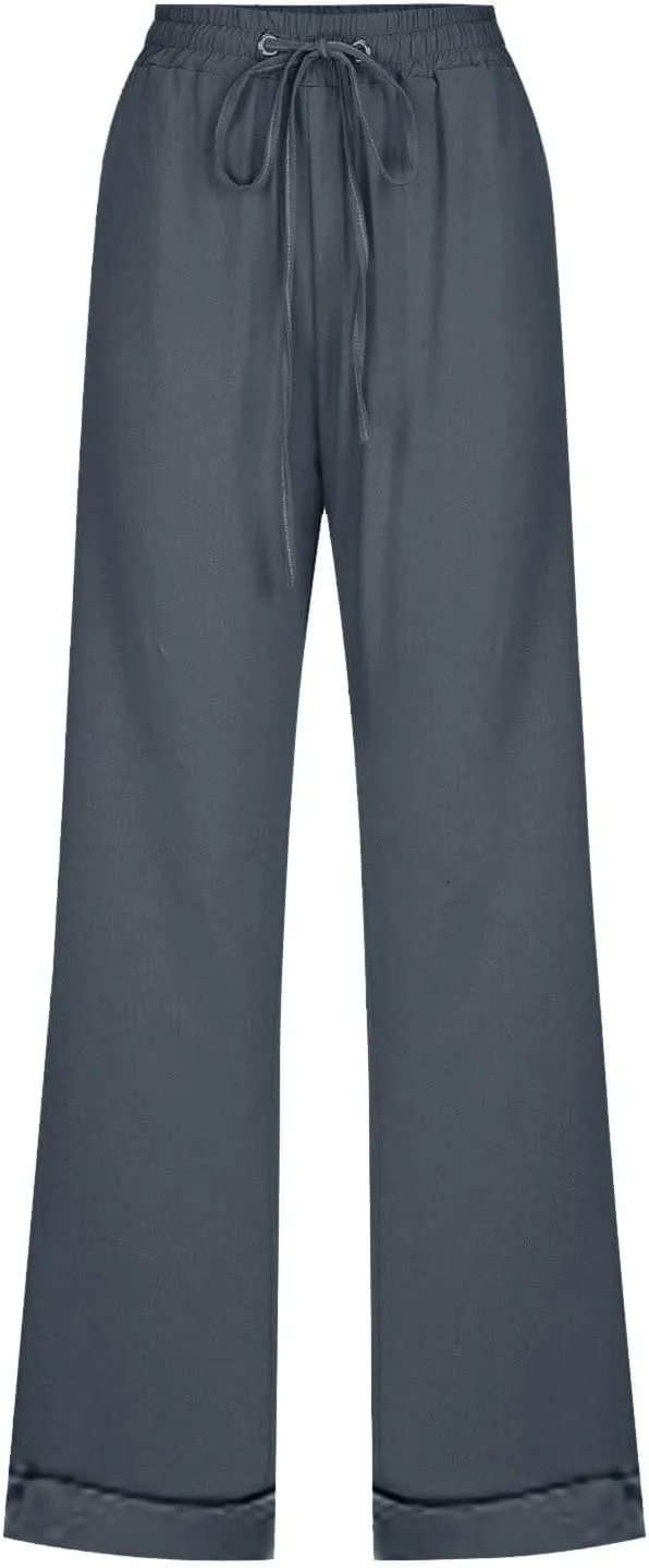 Cotton Linen Pants Women Casual Summer Loose Fit Solid Color Straight Leg Beach High Waist Linen Pants Comfy Lounge Trousers