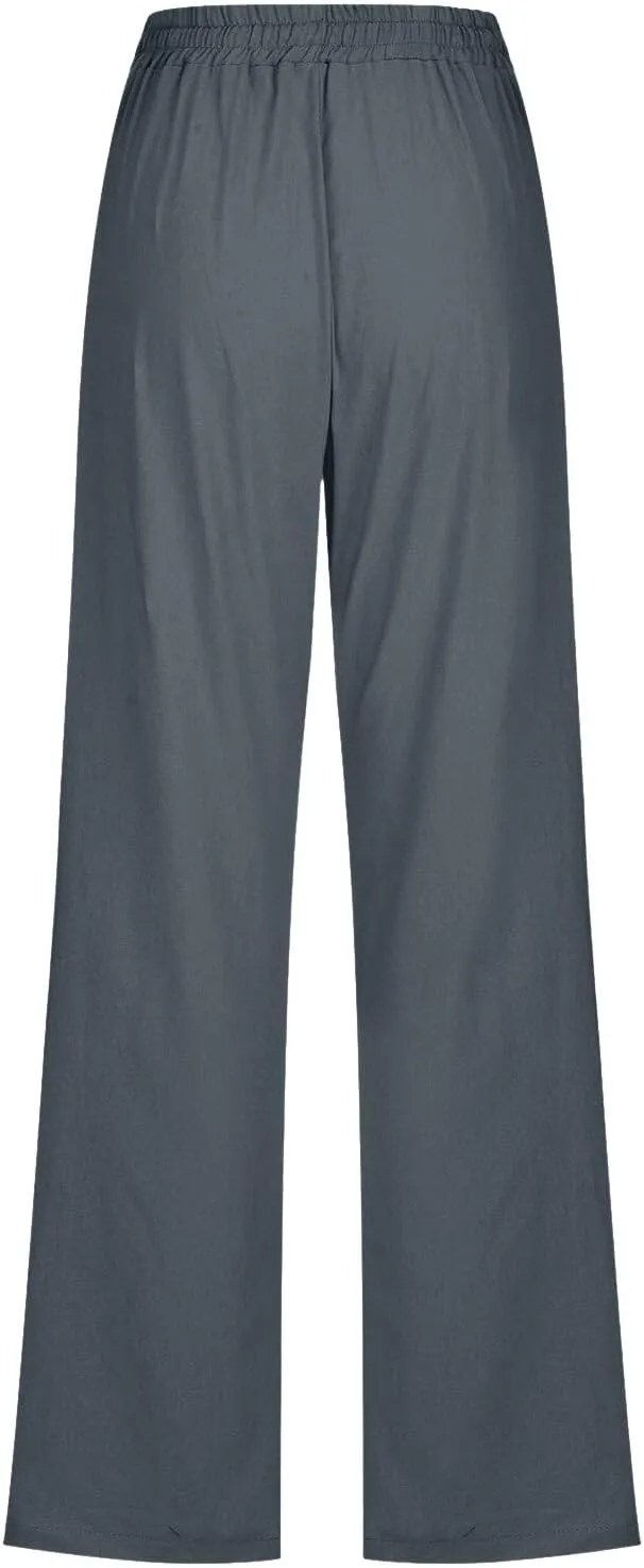 Cotton Linen Pants Women Casual Summer Loose Fit Solid Color Straight Leg Beach High Waist Linen Pants Comfy Lounge Trousers