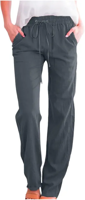 Cotton Linen Pants Women Casual Summer Loose Fit Solid Color Straight Leg Beach High Waist Linen Pants Comfy Lounge Trousers