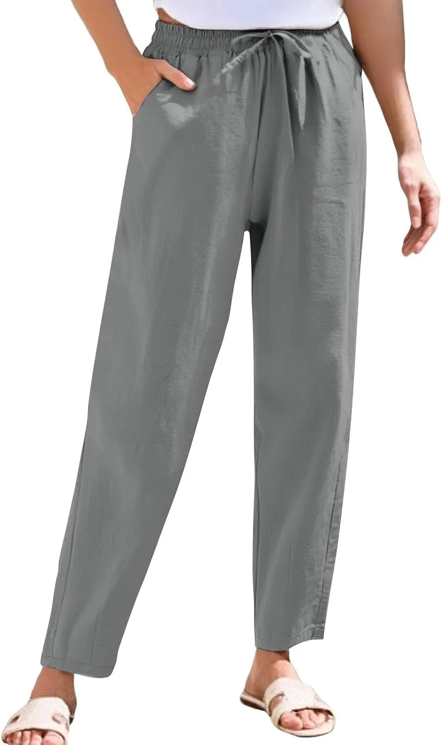 Cotton Linen Pants Women Lightweight Summer Joggers Drawstring Straight Leg Trousers Casual Beach Pants with Pockets