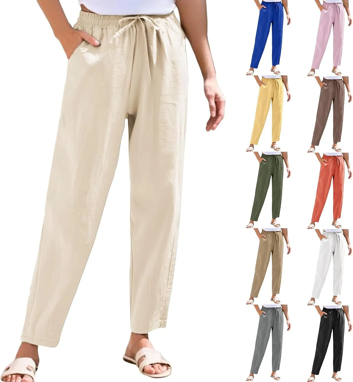 Cotton Linen Pants Women Lightweight Summer Joggers Drawstring Straight Leg Trousers Casual Beach Pants with Pockets