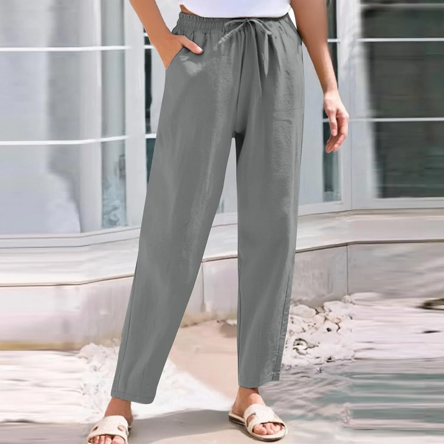 Cotton Linen Pants Women Lightweight Summer Joggers Drawstring Straight Leg Trousers Casual Beach Pants with Pockets
