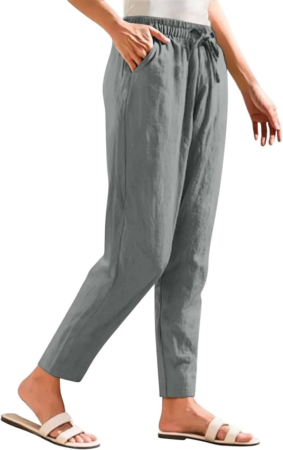 Cotton Linen Pants Women Lightweight Summer Joggers Drawstring Straight Leg Trousers Casual Beach Pants with Pockets