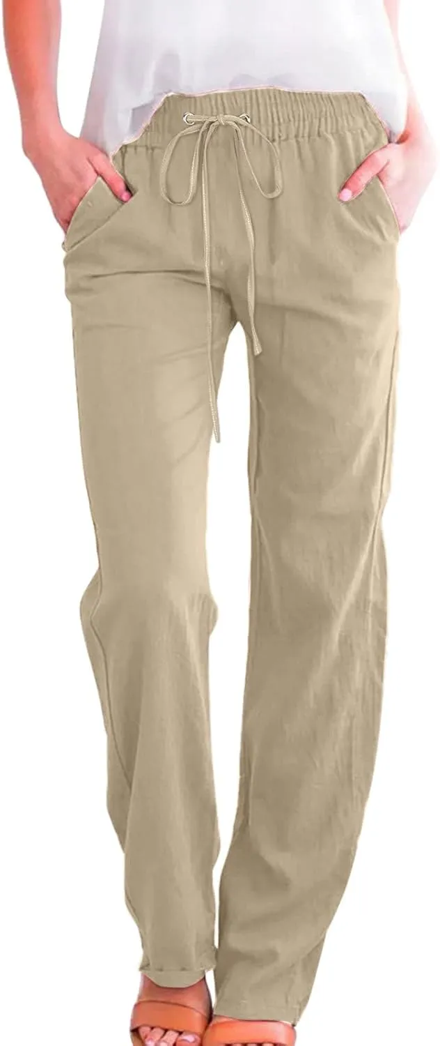 Cotton Linen Pants Women Straight Leg Casual Loose Fit Elastic High Waist Boho Sweatpant Drawstring Palazzo Trouser