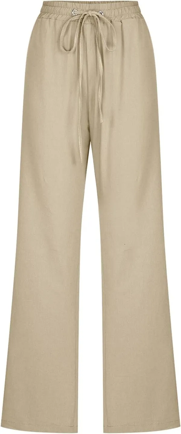 Cotton Linen Pants Women Straight Leg Casual Loose Fit Elastic High Waist Boho Sweatpant Drawstring Palazzo Trouser