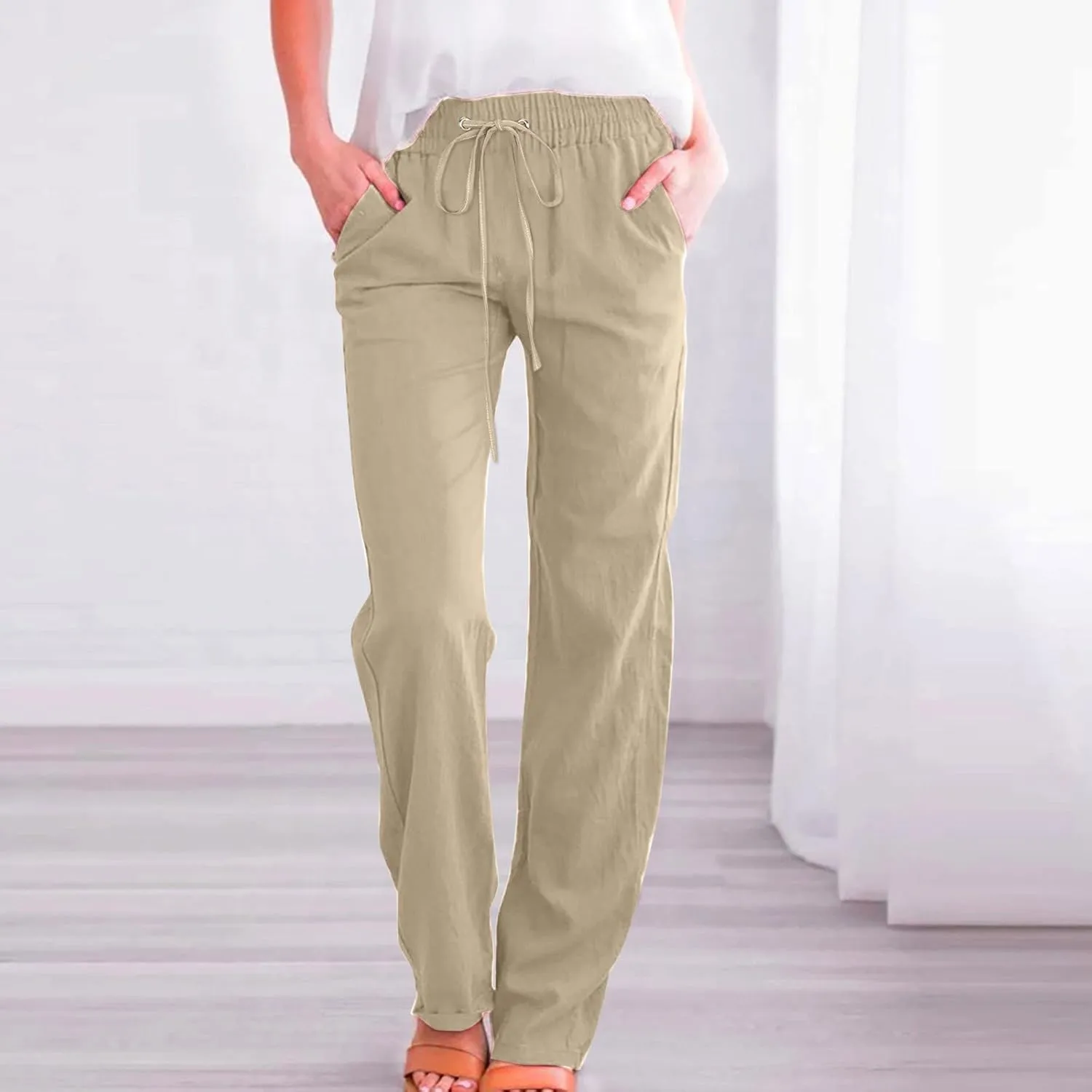 Cotton Linen Pants Women Straight Leg Casual Loose Fit Elastic High Waist Boho Sweatpant Drawstring Palazzo Trouser