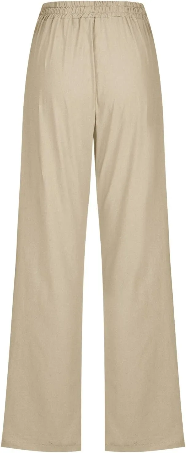 Cotton Linen Pants Women Straight Leg Casual Loose Fit Elastic High Waist Boho Sweatpant Drawstring Palazzo Trouser