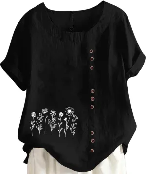 Cotton Linen Tops for Womens 2025 Crewneck Roll Up Short Sleeve Tshirt Trendy Floral Print Casual Loose Blouse