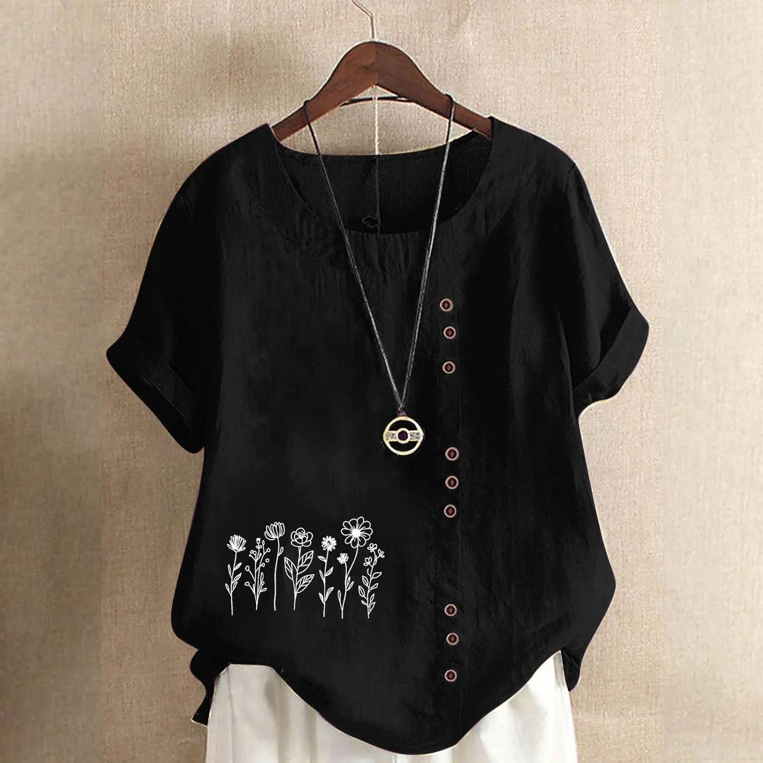 Cotton Linen Tops for Womens 2025 Crewneck Roll Up Short Sleeve Tshirt Trendy Floral Print Casual Loose Blouse