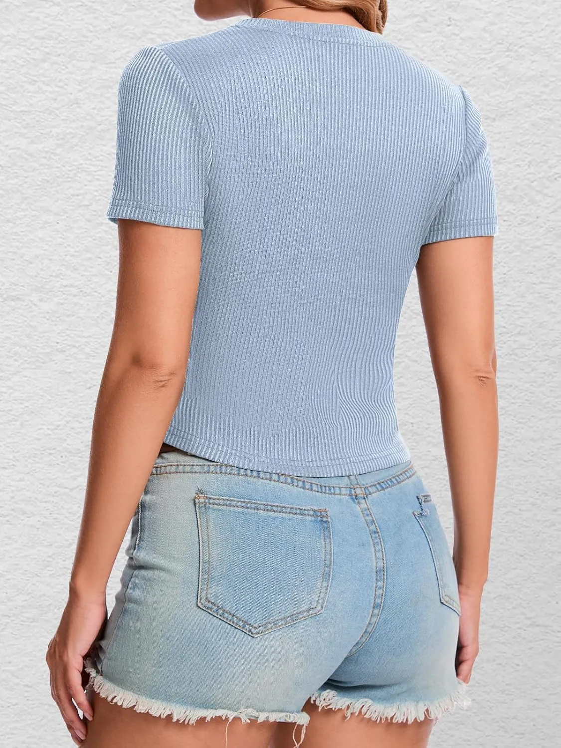 Crop Tops for Women V Neck Ribbed Knit Fitted Shirts Trendy Summer Basic Tees Textured Solid Color Blouse