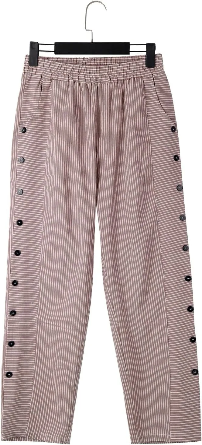 Cropped Linen Pants for Women Straight Leg Elastic Waist Capris Stripe Print Beach Summer Casual Pants with Pockets
