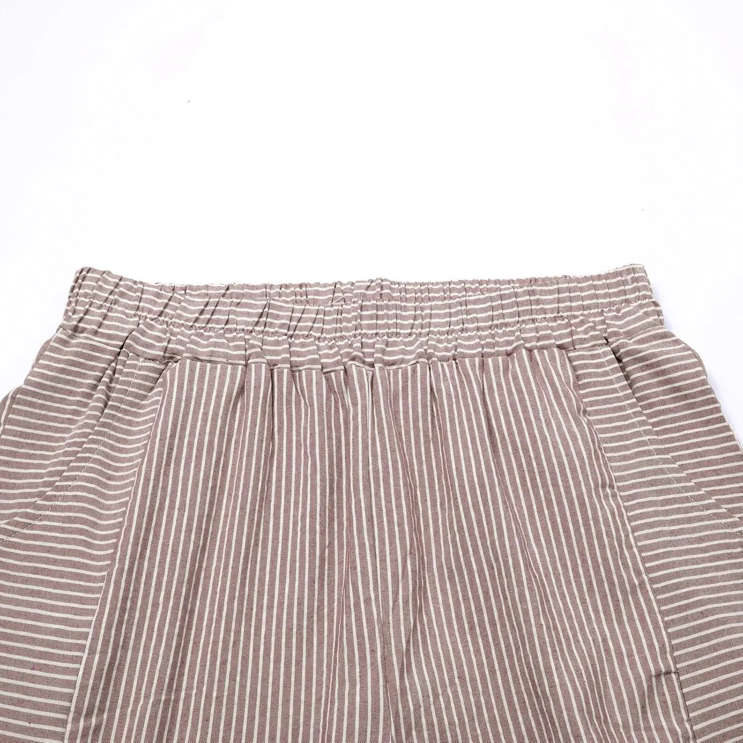 Cropped Linen Pants for Women Straight Leg Elastic Waist Capris Stripe Print Beach Summer Casual Pants with Pockets